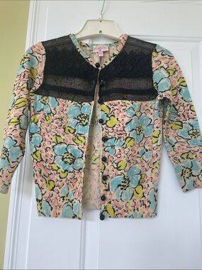 Plenty by Tracy Reese Floral Knit Cardigan with Black Lace Yoke